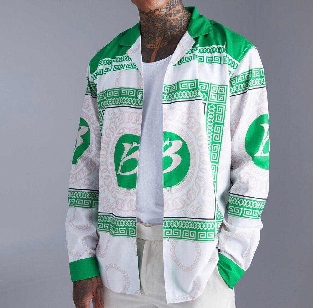NWT Boohoo MAN Printed Oversized Baroque Long Sleeve Shirt Green/White XS